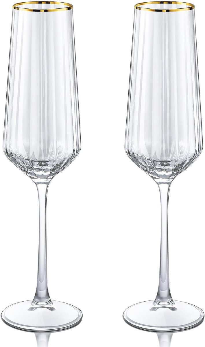 Dailygoods- Champagneglazen 270 ml - Set van 2 - Kristal - Gouden rand - Handgemaakt - Hoogte 26 cm - Wijnglazen