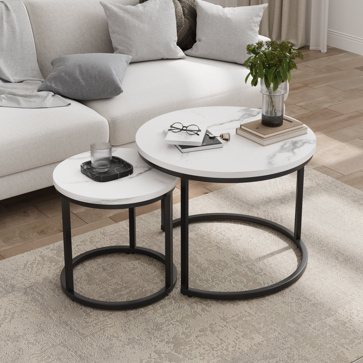DESMIU Nesttafels - Rond 2-Delig Bijzettafelset Met Metaalframe En Houtlook - Voor Woonkamer En Slaapkamer - Wit - 60x60x45 Cm