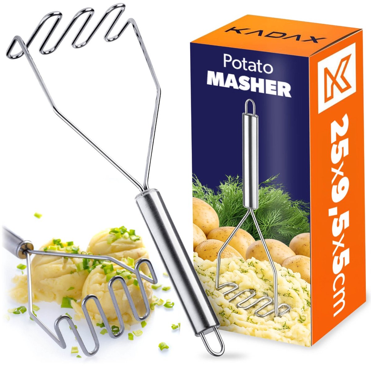 KADAX Aardappelstamper, keukenstamper van roestvrij staal, 25 cm, groentestamper met ovaal handvat, stamper voor groenten, aardappelpuree, aardappelpers, keukenhulp