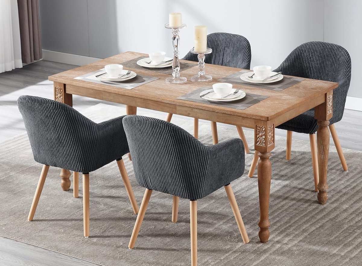 Eetkamerstoelen Set van 4 met Armleuningen - Corduroy Gestoffeerde Stoelen - Massief Houten Poten - Ergonomische Rugleuning - Donkergrijs - 41 x 39 x 83,5 cm - Mobili Bella