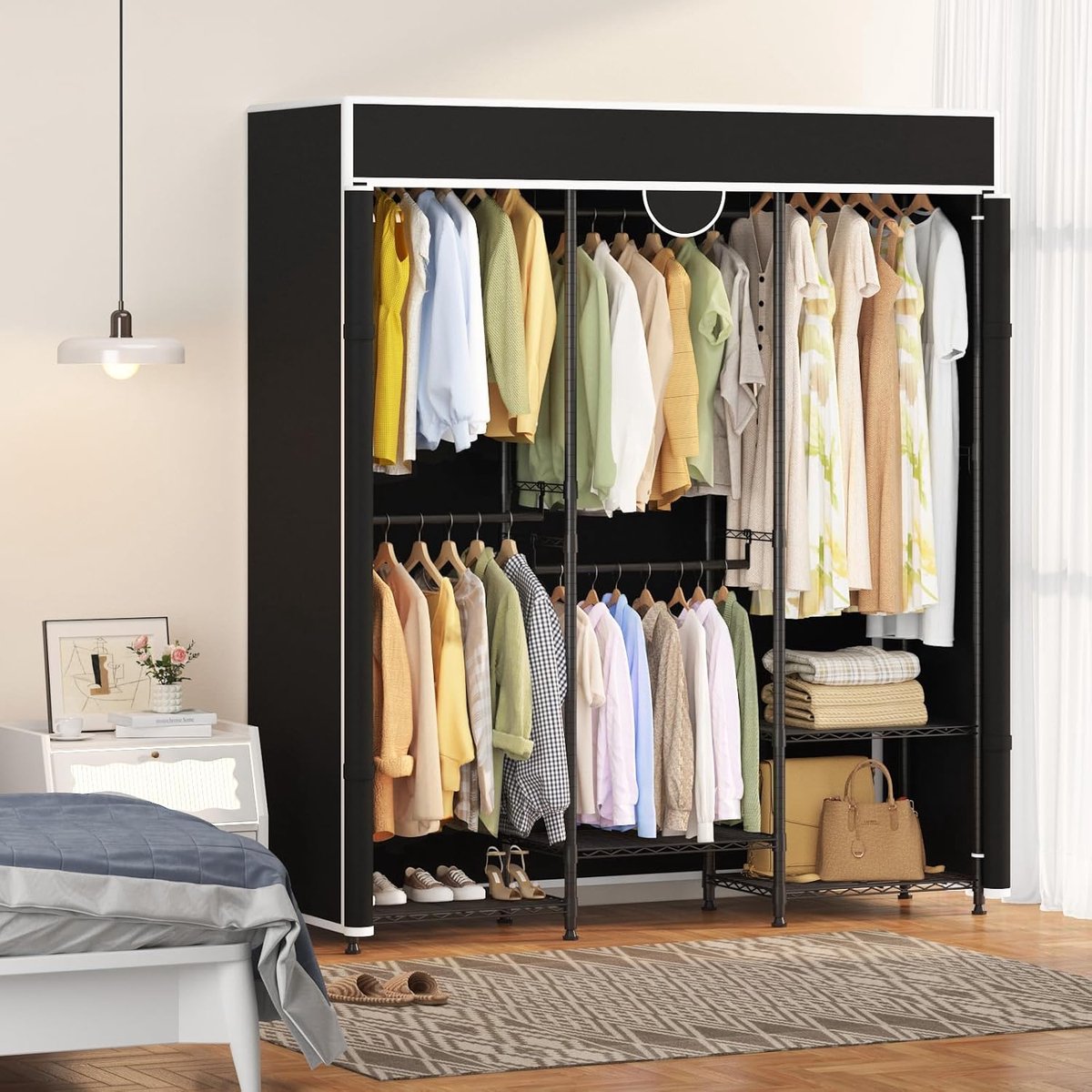 Draagbare kledingkast voor intensief gebruik - Kledingrek met afdekhoes - Verstelbaar kastsysteem - Kledingrek van koolstofstaal om kleding op te hangen - Draagvermogen 1100 lbs - Vrijstaande draagbare kasten - 194×180×40 cm