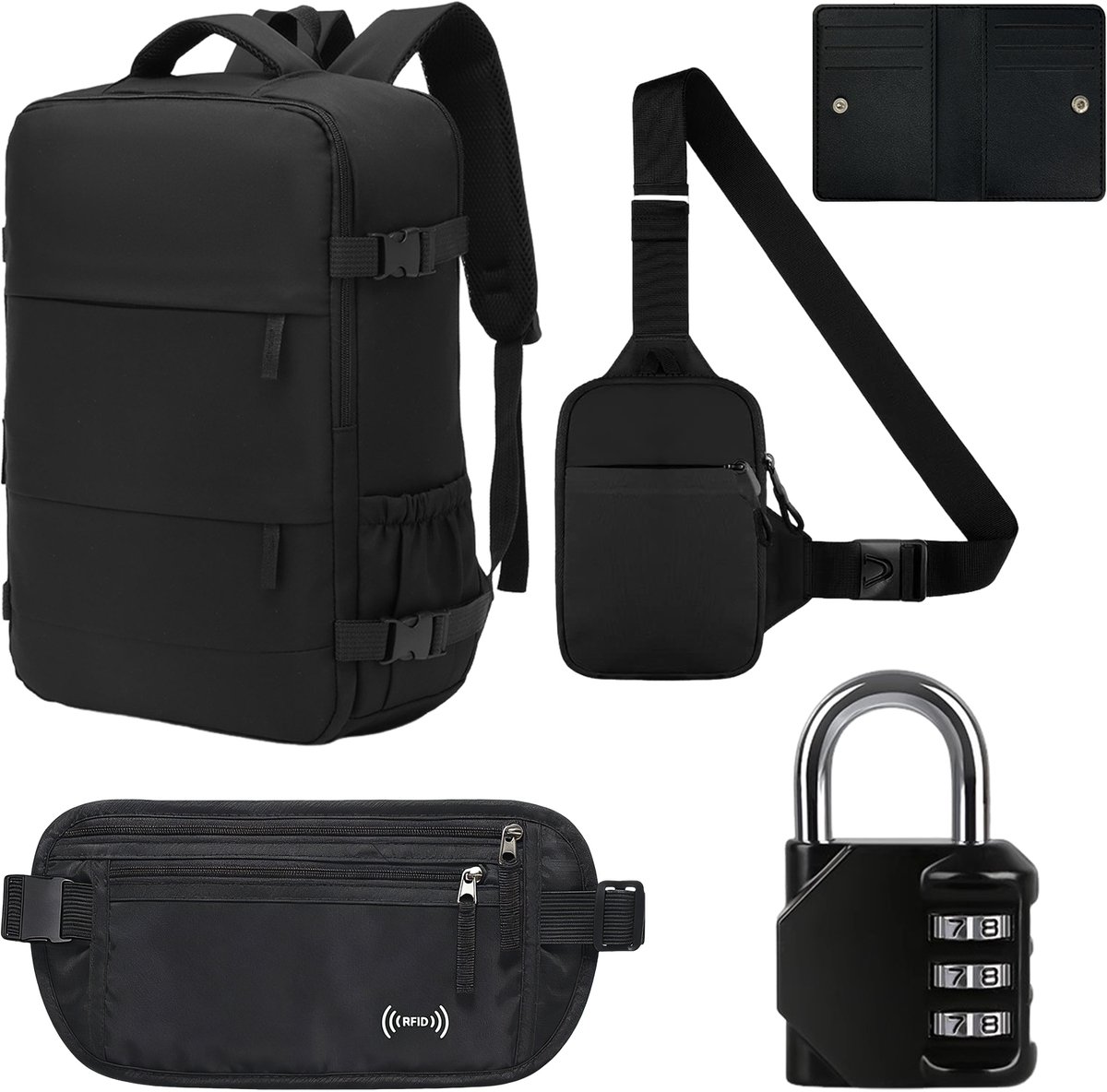 Multifunctionele reisrugzakset, driedelige antidiefstalset | Rugzak + RFID-blokkerend etui + telefoonhouder | Antidiefstalbescherming voor op reis en woon-werkverkeer