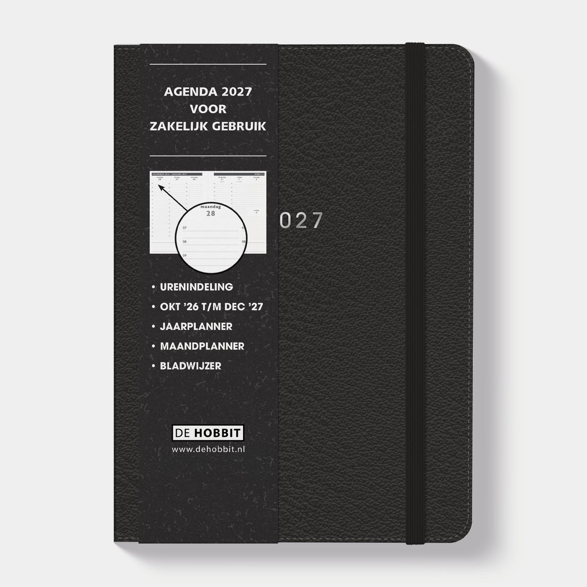 Hobbit Zakenagenda 2027 - Afsprakenagenda A5 (14,8 x 21 cm) - Tijdindeling per uur - 1 week over 2 pagina's Flexibele Kaft - Zwart Lederlook