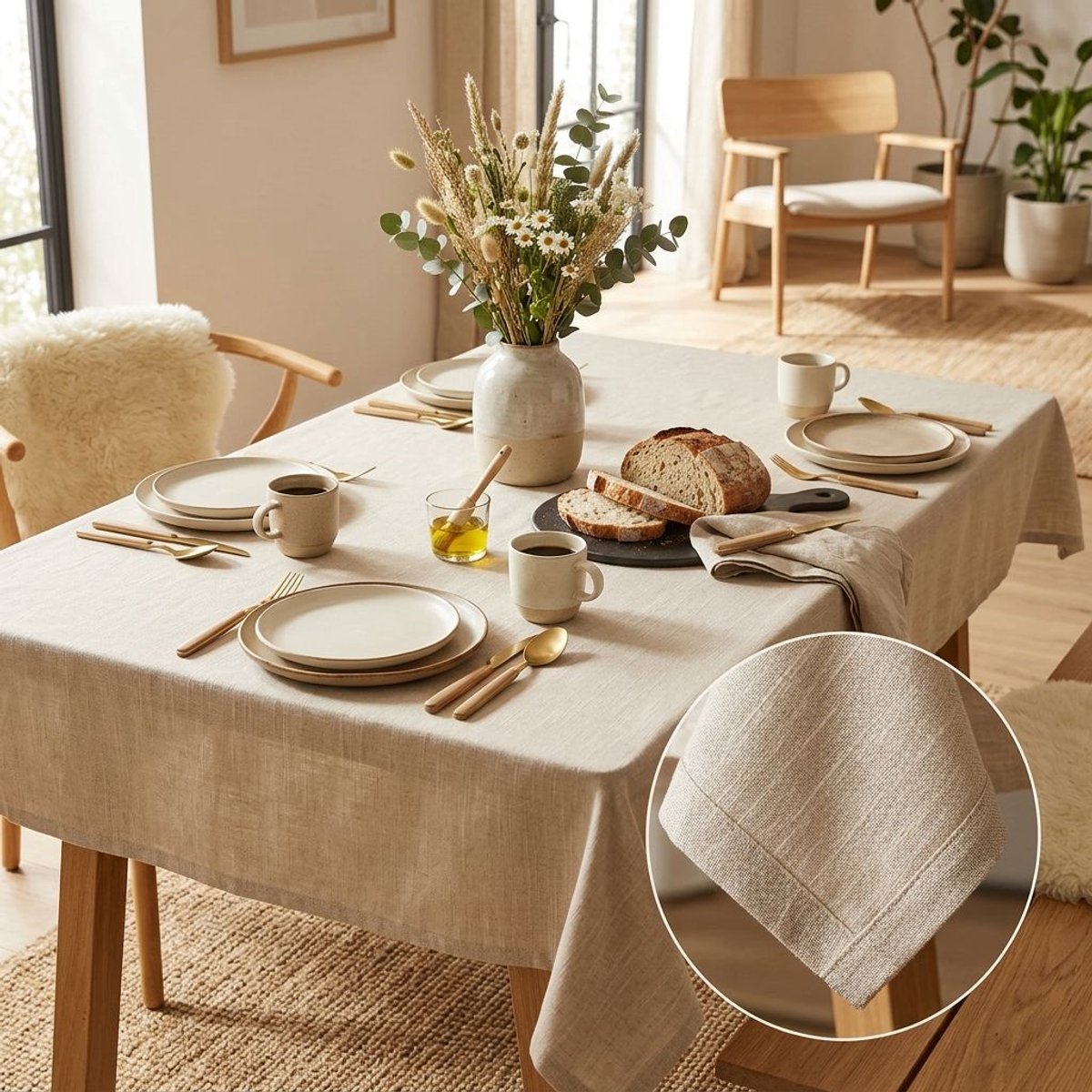 Tafelkleed Sako – 140 x 400 - Linnenlook – Beige – Luxe & Duurzaam – Voor Binnen & Buiten