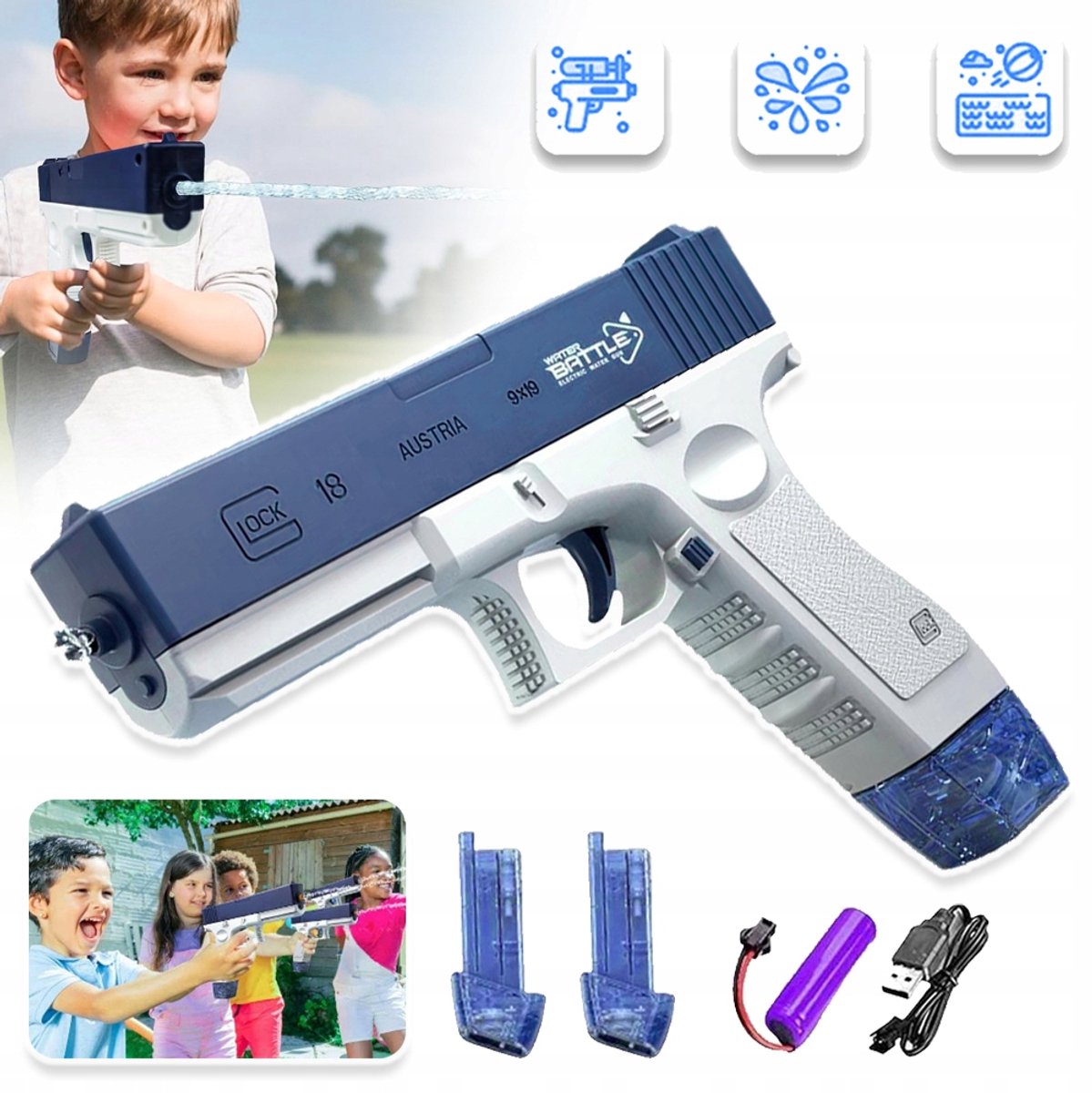 Elektrisch Waterpistool - Automatische Sproeifunctie Met één Druk Op De Knop - 58cc Tank - USB Oplaadbaar - Bereik Van 10 Meter - Antislip Handgreep - Blauw & Wit