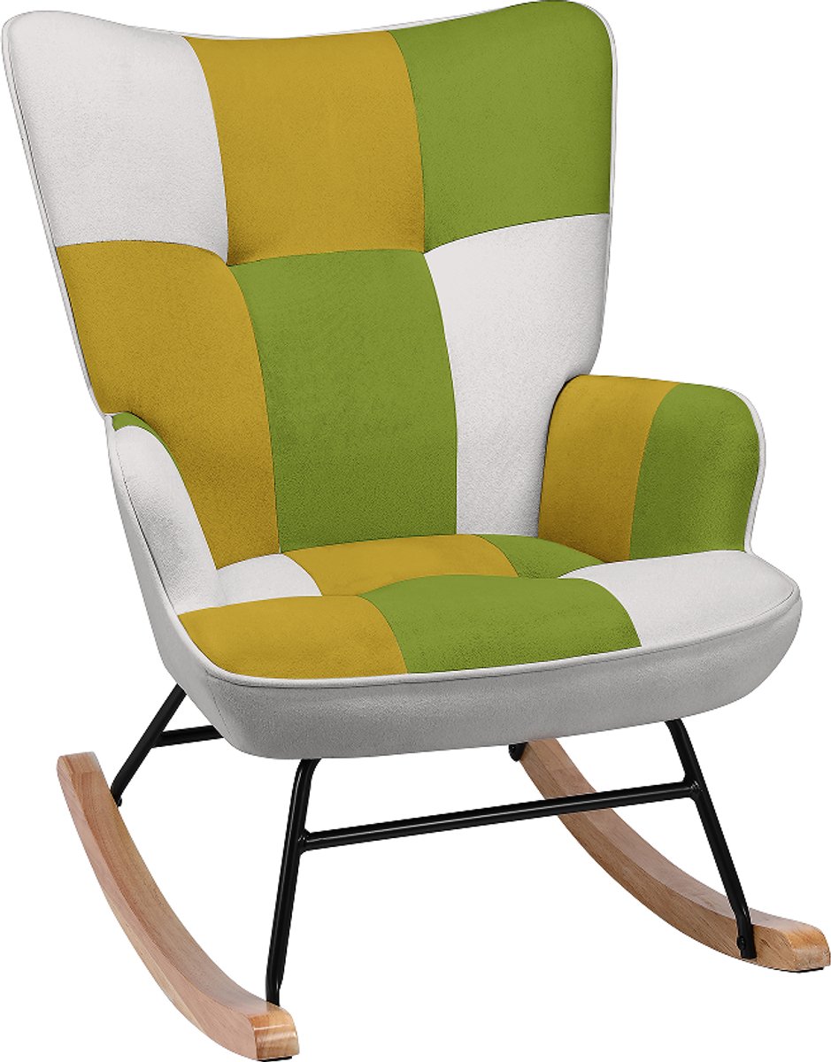 HomeMiYN Schommelstoel – Fluwelen Patchwork Design – Citroen-Geel & Groen Comfortabele Fauteuil – Hoge Rugleuning Wipstoel voor Woonkamer en Slaapkamer