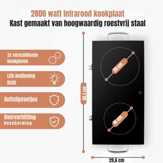 Thuys - Elektrische Kookplaat 2 Pits Zilver - 2800W - Infrarood Kookzones - Traploze Temperatuurregeling - Keramisch Krasbestendig van Thuys — afbeelding 4