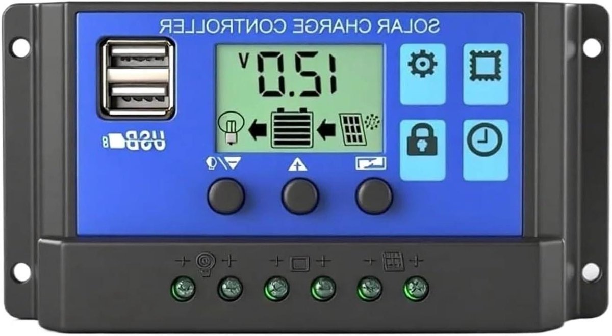 Zonne Laadregelaar - Solar Regulator - Energie Management - Dubbele USB Poort - 100A - Zwart