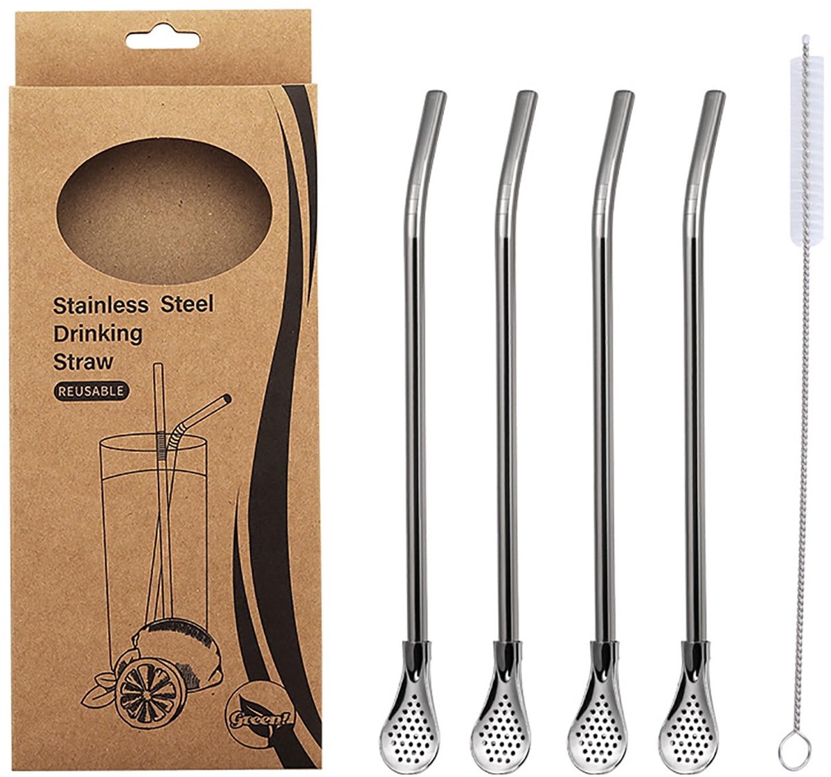 Dailygoods- Rietlepels Set 4 Stuks - Roestvrij Staal - Herbruikbaar - Met Reinigingsborstel - Milieuvriendelijk - 21 cm - Theelepels
