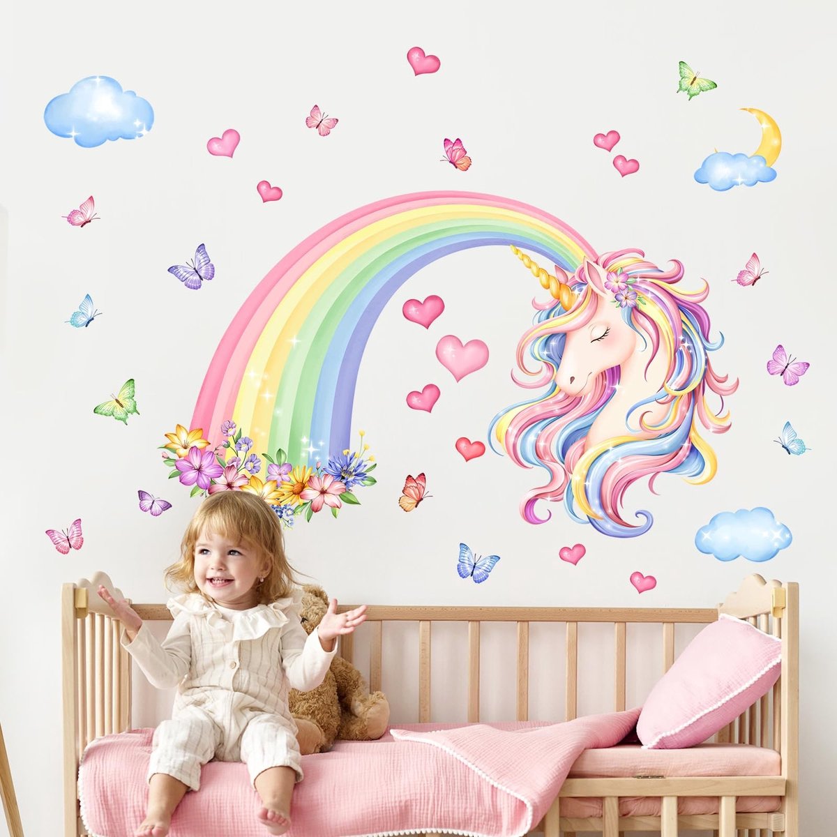 Dailygoods- Muurtattoo grote regenboog - Muurstickers eenhoorn - Muurstickers kinderkamer - Muurstickers babykamer - Muurstickers slaapkamer - Waterdicht en afneembaar - Muursticker