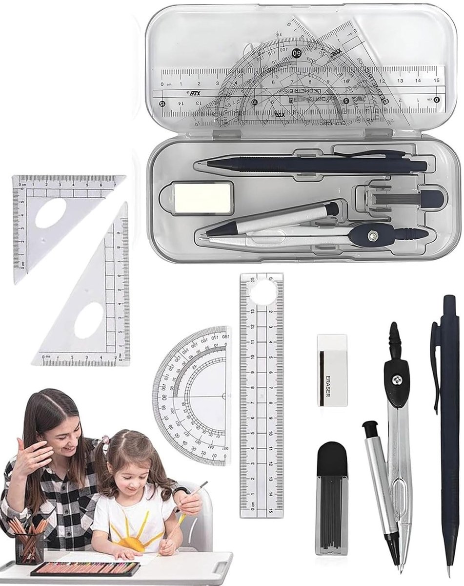 Dailygoods- Geometrische Set 7-delig - Wiskundeset - Passer/Kompas - Gradenboog - Liniaal - Geodriehoek - Duurzaam en veilig voor kinderen