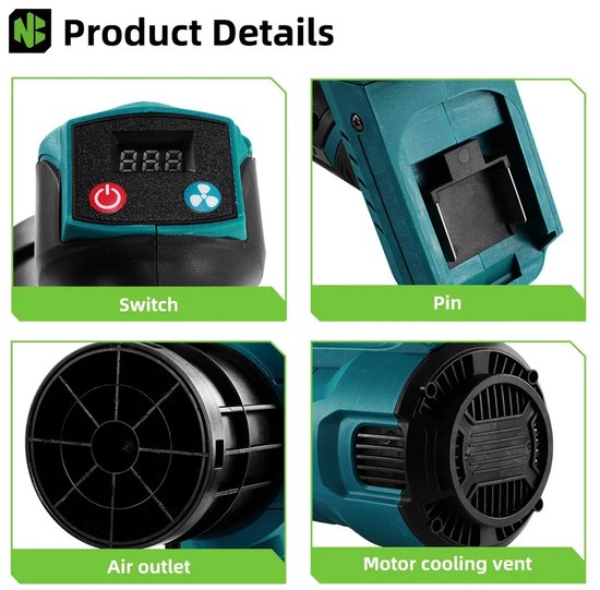 Zerova Bladblazer met 3 versnelingen - Blazer - Blower - Voor blaadjes, sneeuw, stof, zand en auto - 30.000 RPM - 21 V - Aqua — afbeelding 2