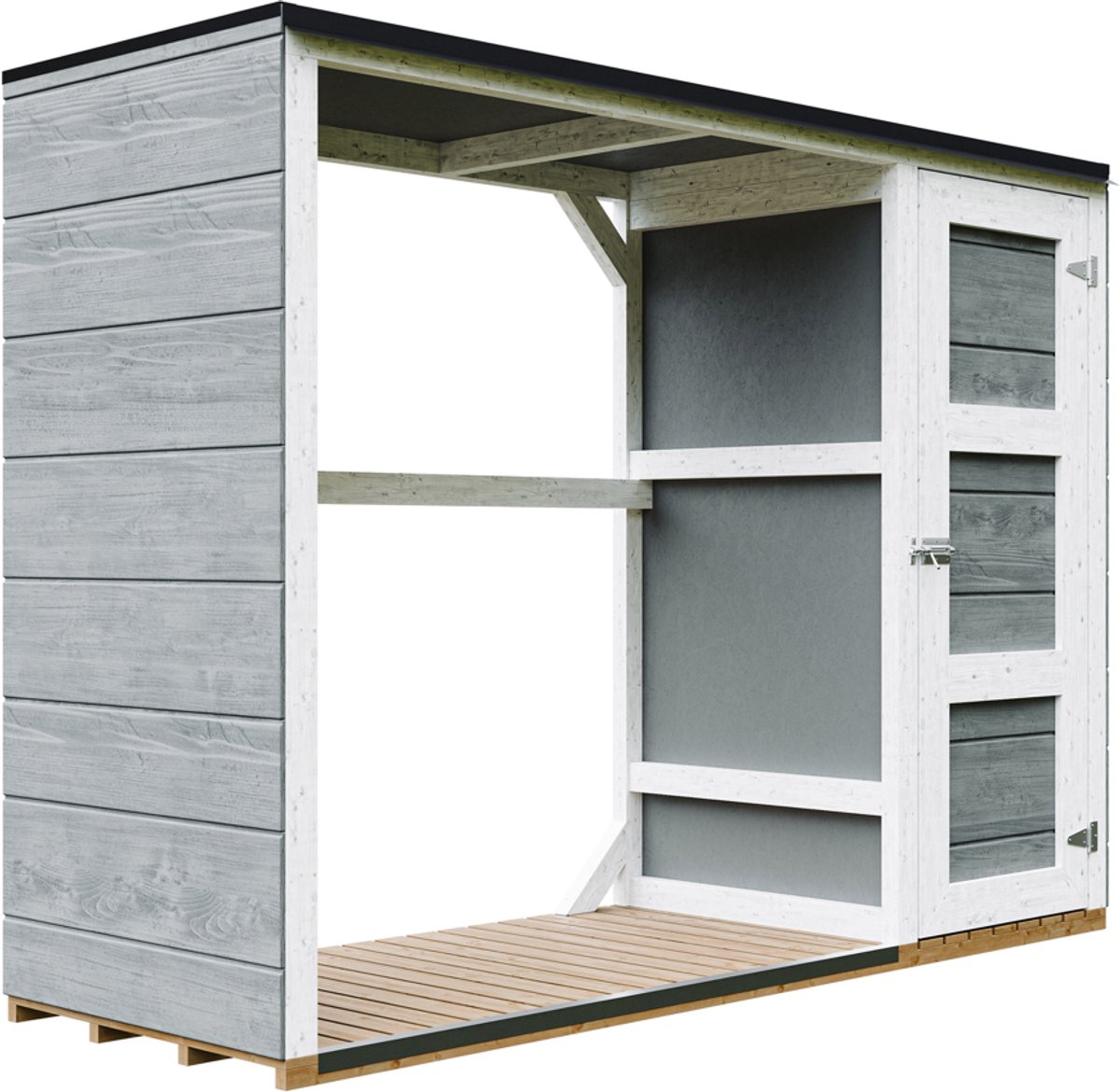 Timbela M981-CAVERN STEEL - LP SmartSide Buitenopslag voor brandhout - 1,09 m² + 0,53 m² - 75x217xH159 cm - Gereedschaps- en houtopslag met verf
