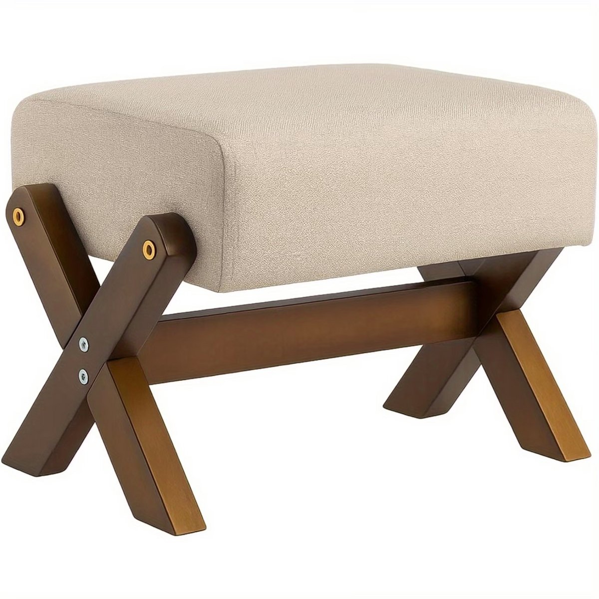 CINK Living® Compacte Voetenbank – Gestoffeerde Kruk met Massief Houten Onderstel – Voetensteun, Bijzetkruk & Decoratieve Poef – Beige Linnenlook – 32 x 26 x 27 cm