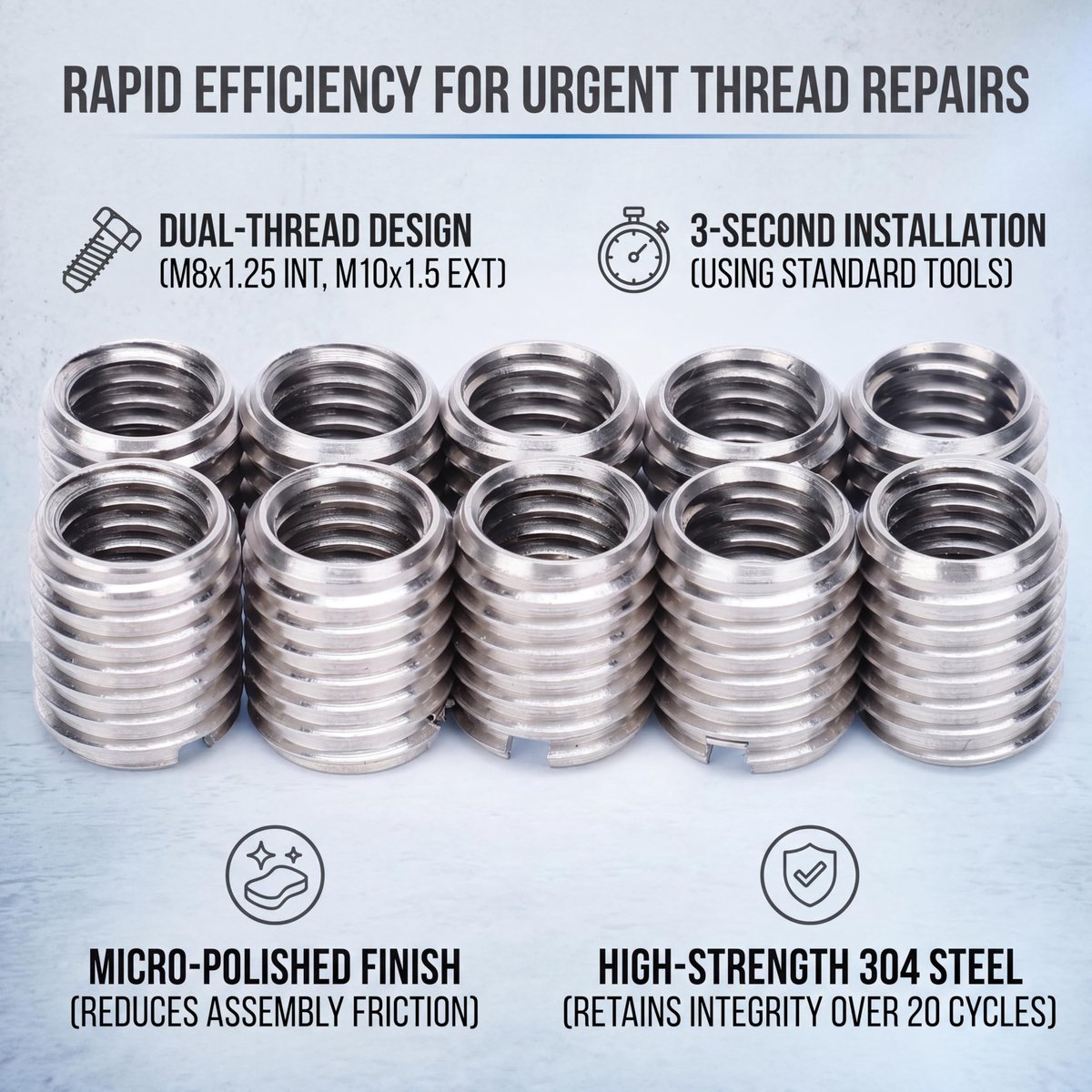 Dailygoods- Schroefdraadbus 10 Stuks - RVS Reparatiemoer - M8/M10 Draadfout Reparatie - 12 MM Lengte - 9 MM Bodemgat - Duurzaam en Betrouwbaar