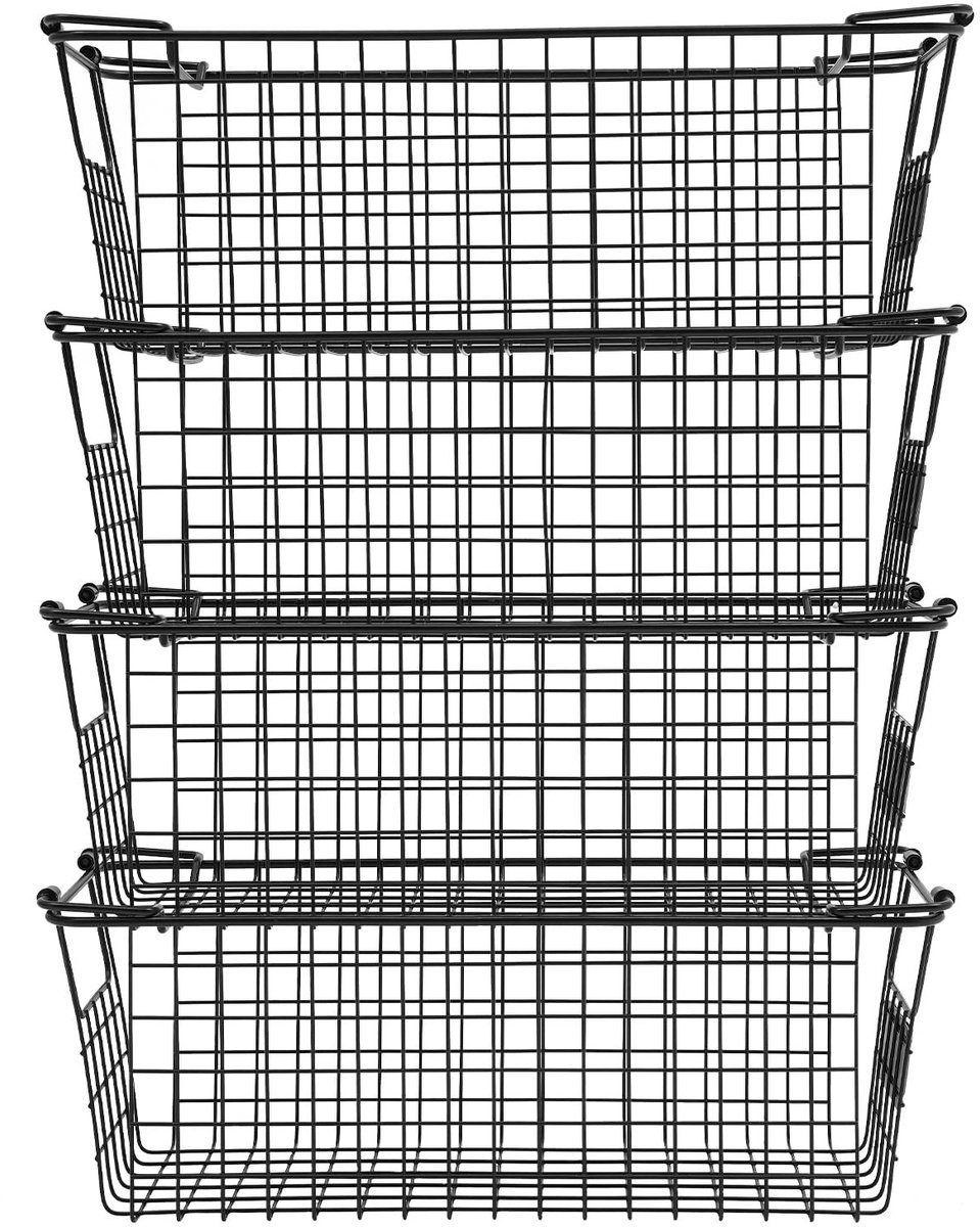 Dailygoods - Stapelbare Opbergmanden voor Vriezer - 4 Stuks Met Handvat, Zwart, Metalen Manden