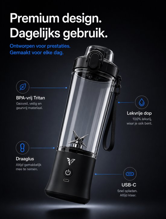Vipes® - Draagbare oplaadbare Blender - 600ML - Wit - 6 Messen - 4000mAh - LED-verlichting - Portable - Blender to go - Mini Juicer - Smoothie Maker - Draadloos - Ideaal voor Shakes, Smoothies en Meer - Geschikt voor Reizen, Kantoor en Sport van Vipes — afbeelding 3
