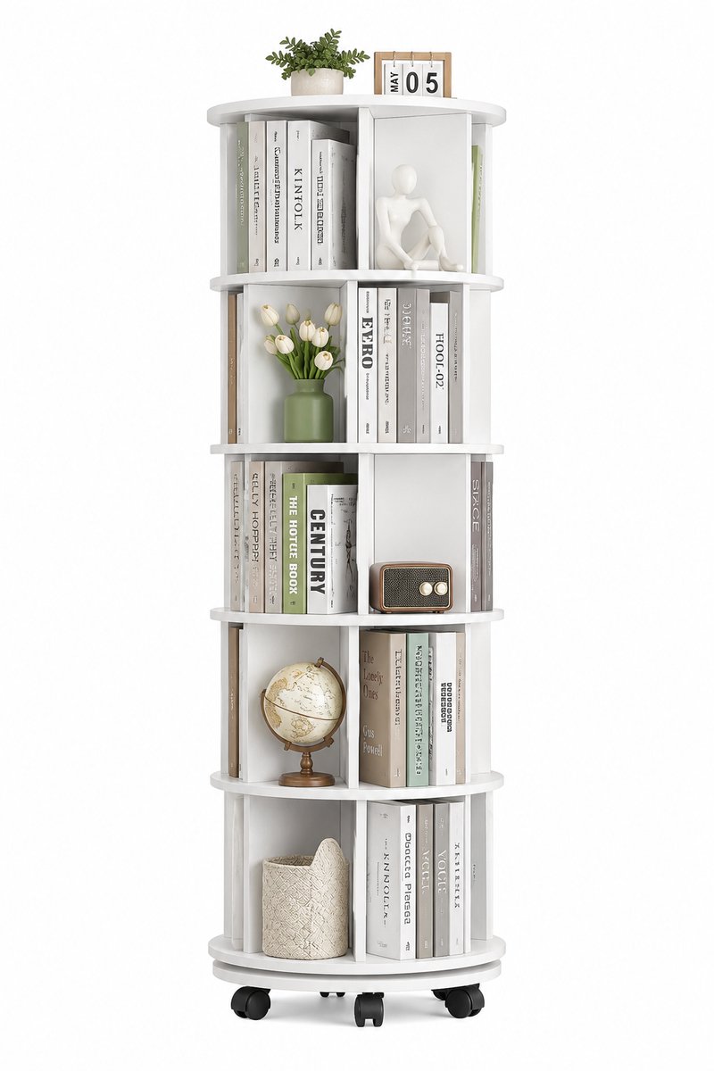 Home & Beyond® Draaibare Boekenkast 360° - 5 Laags Boekenrek op Wielen - Roterende Boekenkast 161,5 cm - Smalle Opbergkast - Wit