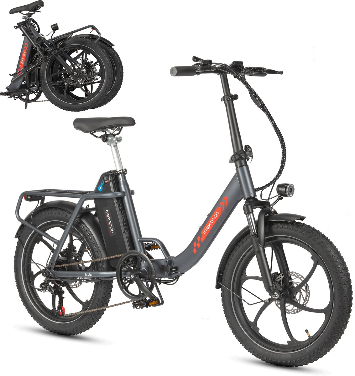 Maxtron MULE Elektrische Fiets – Opvouwbare E-bike – 960Wh Lithium Accu – Actieradius tot 70 km – 20×3.0 inch Banden – 7 Versnellingen – Mechanische Schijfremmen – Stadsfiets – Max. Belastbaar tot 120 kg – Grijs