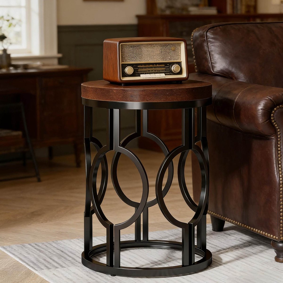 Bijzettafel - Ronde Tafel In Industriële Stijl Met Stevig Frame - Voor Woonkamer En Slaapkamer - MDF En Metaal - Ø45 Cm - Zwart Rustiek Bruin