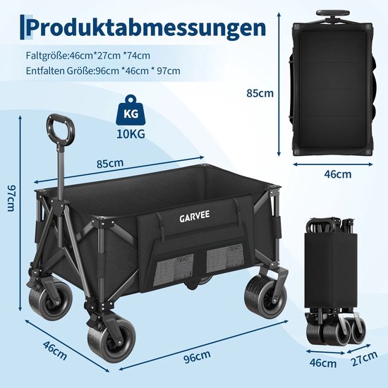 Joorly Inklapbare strandkar - Opvouwbaar - Campingkar - Met wielen - 46x96x97cm - Zwart — afbeelding 5