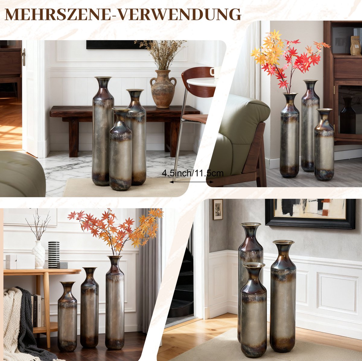 HAUSS SPOLE Vaas - 3 Delige Set Met Handgemaakte Vintage Afwerking - 51,8 62 En 72 cm - Metaal - Goudkleurig - Voor Droogbloemen Binnen