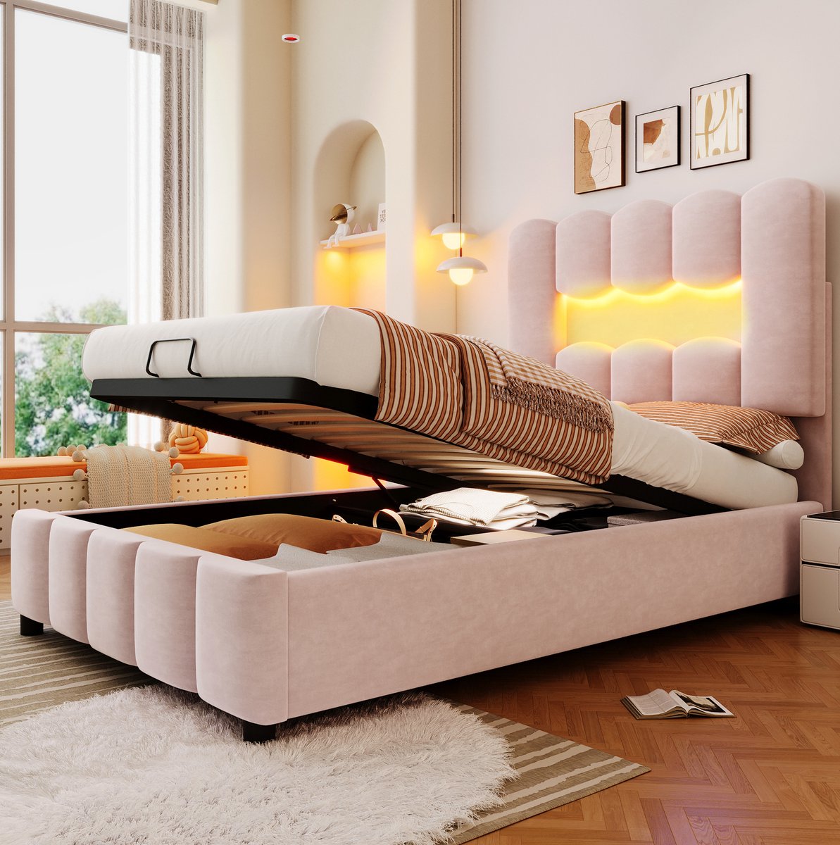 MEUNIQ gestoffeerd eenpersoonsbed 90x200 cm met LED-verlichting, hydraulische opbergruimte en verstelbaar hoofdbord, roze bedframe voor slaapkamer
