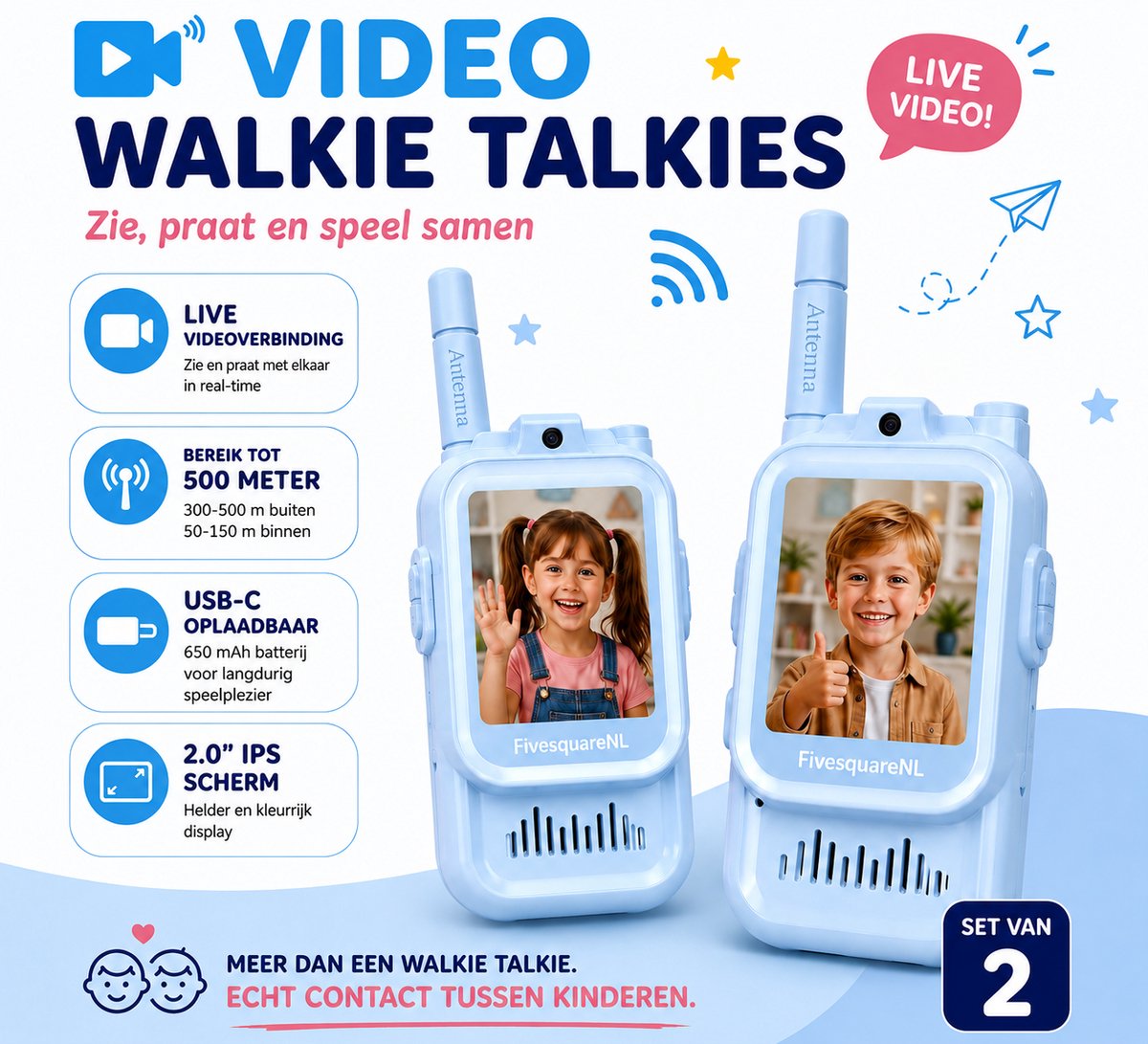 FivesquareNL Video Walkie Talkie voor Kinderen – Real-Time Videochat – 2.0" IPS Scherm – 300-500 Meter Bereik – Oplaadbaar – Set van 2 – Blauw & Blauw