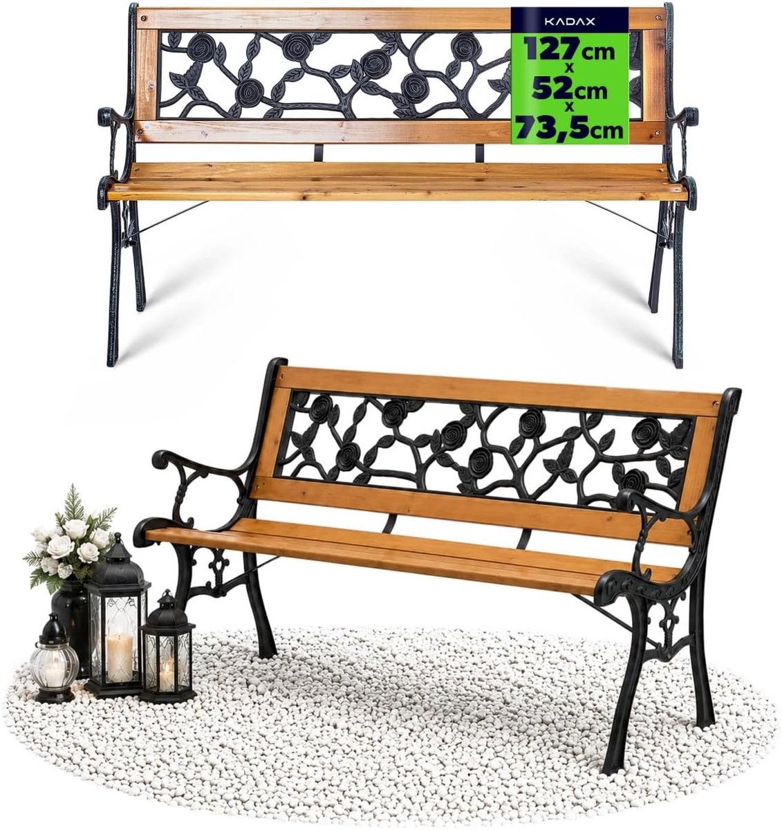 Tuinbank Hout Gietijzer - Buitenbank Parkbank - Ontspannen in de tuin - Ergonomische rugleuning armleuningen