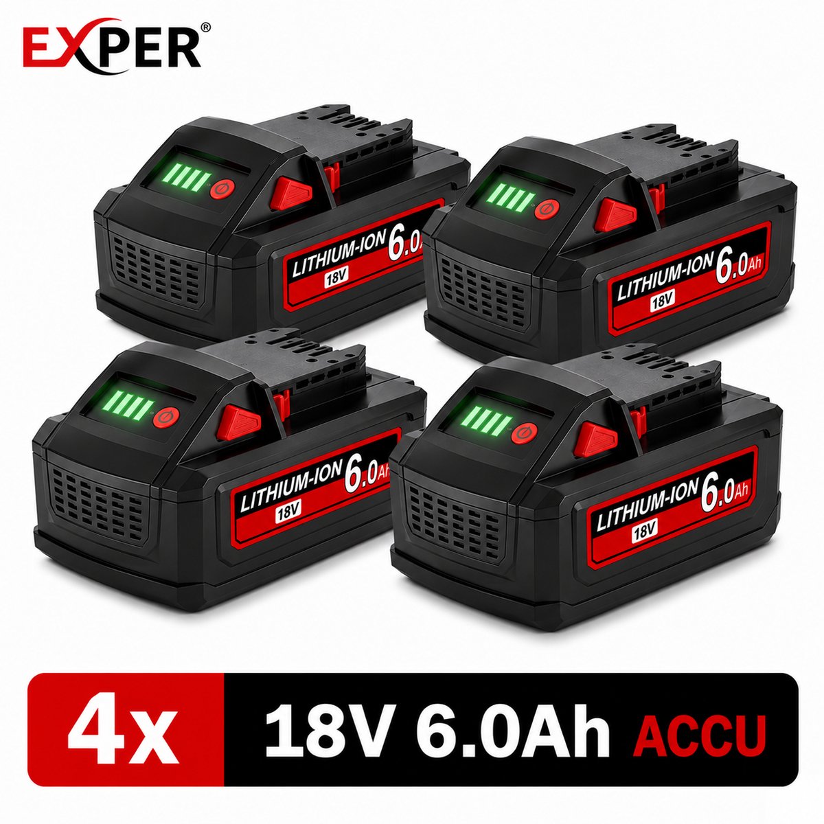 EXPER - 18V Accu geschikt voor Milwaukee M18 - 4 Stuks - 6.0Ah - Vervangende Accu - Compatibel met M18 B2 B4 B5 B6 B9 BX - Li-ion