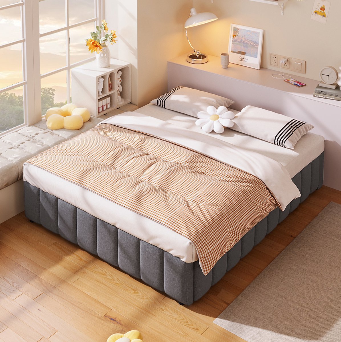 MEUNIQ gestoffeerd bed 140x200 cm met hydraulische opbergruimte, zonder hoofdeinde, tweepersoons bedframe voor slaapkamer, grijs, zonder matras