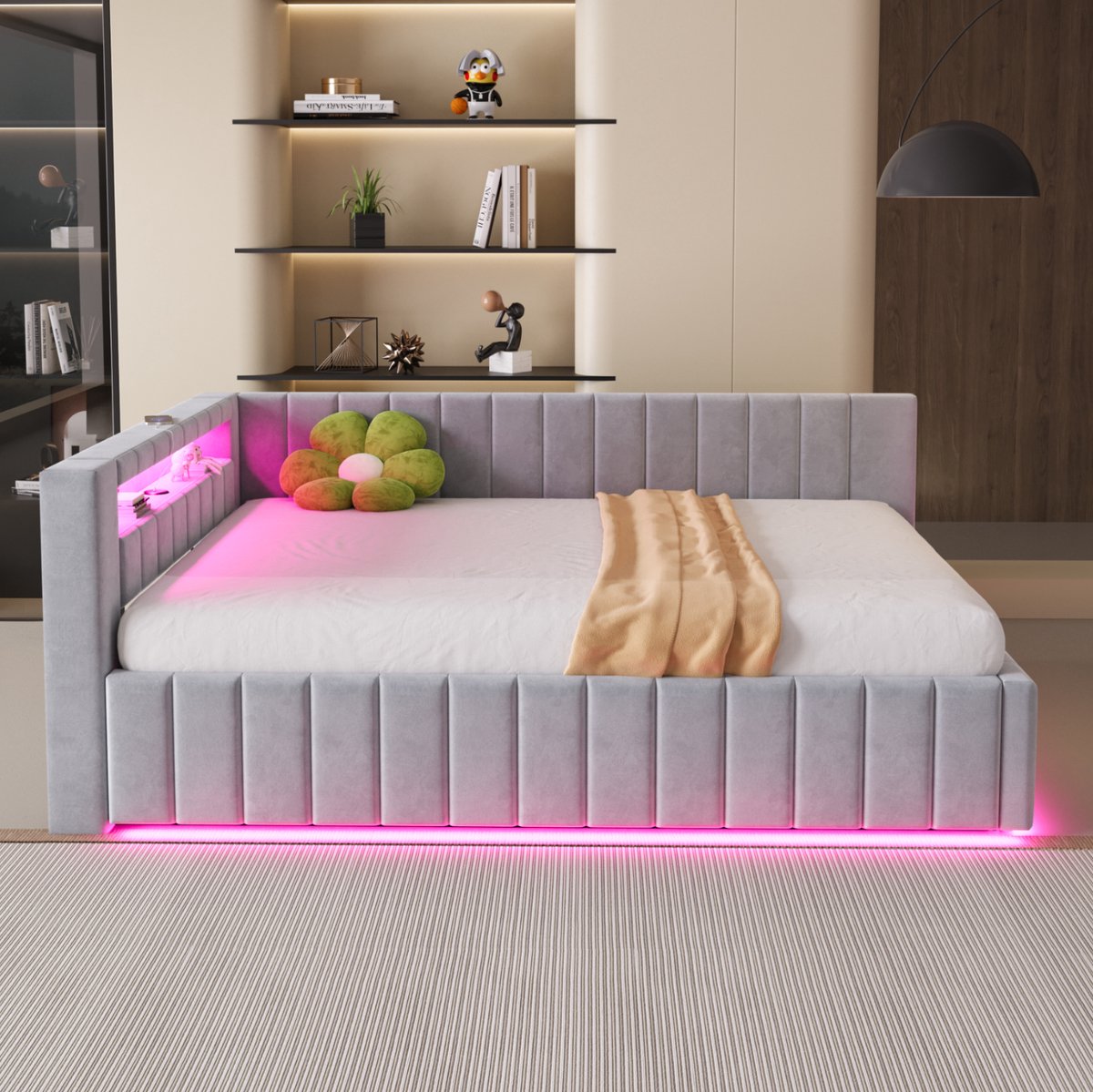 MEUNIQ slaapbank 140x200 cm met hydraulische opbergruimte, LED-verlichting, USB-laadpoort, hoofdbord en rugleuning, lattenbodem voor slaapkamer of logeerkamer, grijs Lichtgrijs