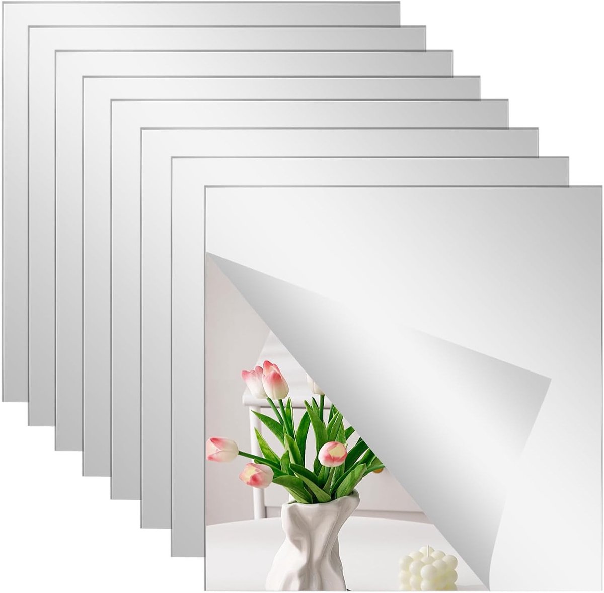 Set van 8 Zelfklevende Spiegeltegels 15 x 15 cm - Flexibele Acryl Spiegels voor Wanddecoratie in Badkamer, Woonkamer en Slaapkamer, Eenvoudig te Bevestigen