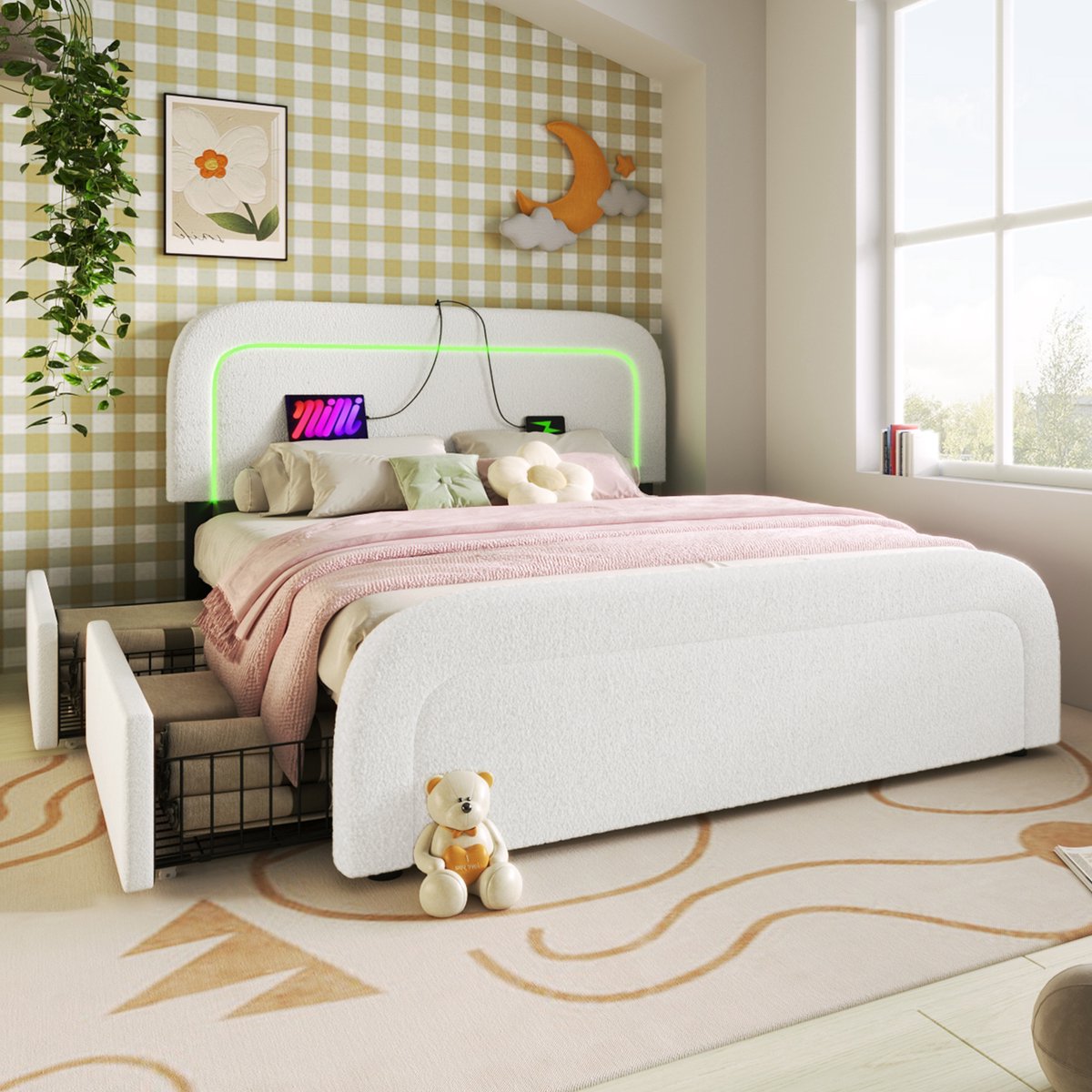 MEUNIQ tweepersoons bed 160x200 cm met matras, USB-C en USB laadfunctie, LED-verlichting, 4 lades, verstelbaar hoofdeinde, sherpa-stof, wit