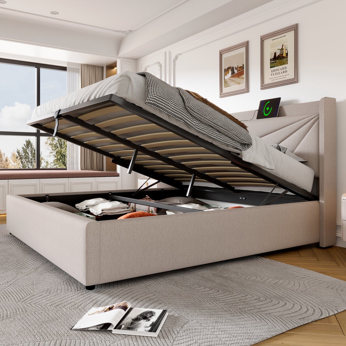 MEUNIQ tweepersoons opbergbed 180x200 cm met gestoffeerd hoofdbord, USB en Type-C laadfunctie, lattenbodem en bedkast, beige bedframe voor slaapkamer