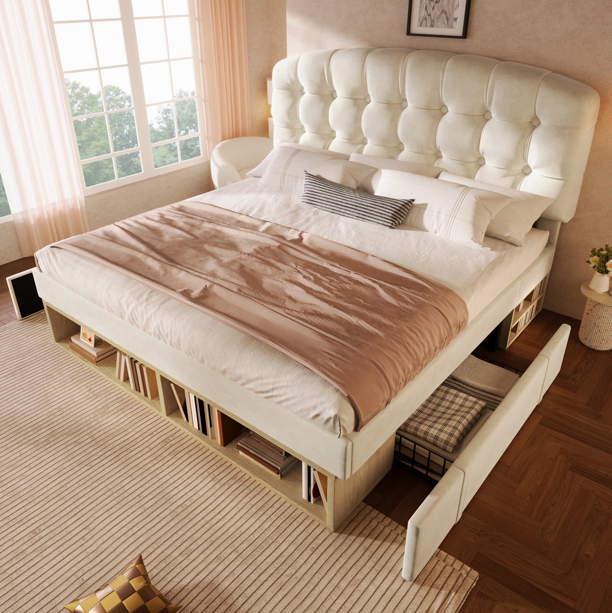 MEUNIQ tweepersoons gestoffeerd bed 140x200 cm met verstelbaar hoofdeinde, lattenbodem, lades en open opbergruimte, bedframe voor slaapkamer, beige