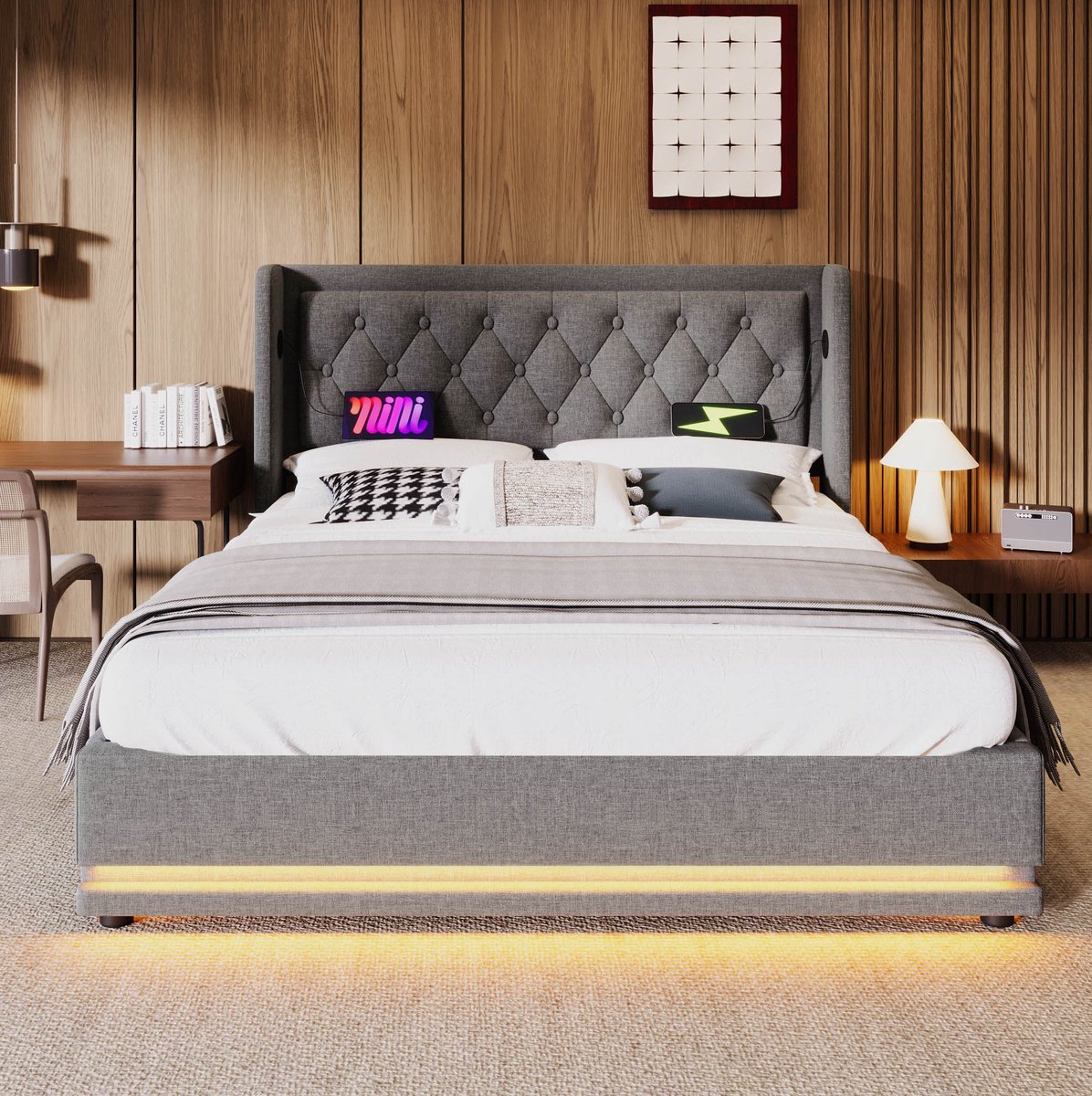 MEUNIQ tweepersoons opbergbed 160x200 cm met hydraulische bergruimte, gestoffeerd hoofdbord met USB en USB-C, 3-zijdige LED-verlichting, grijs