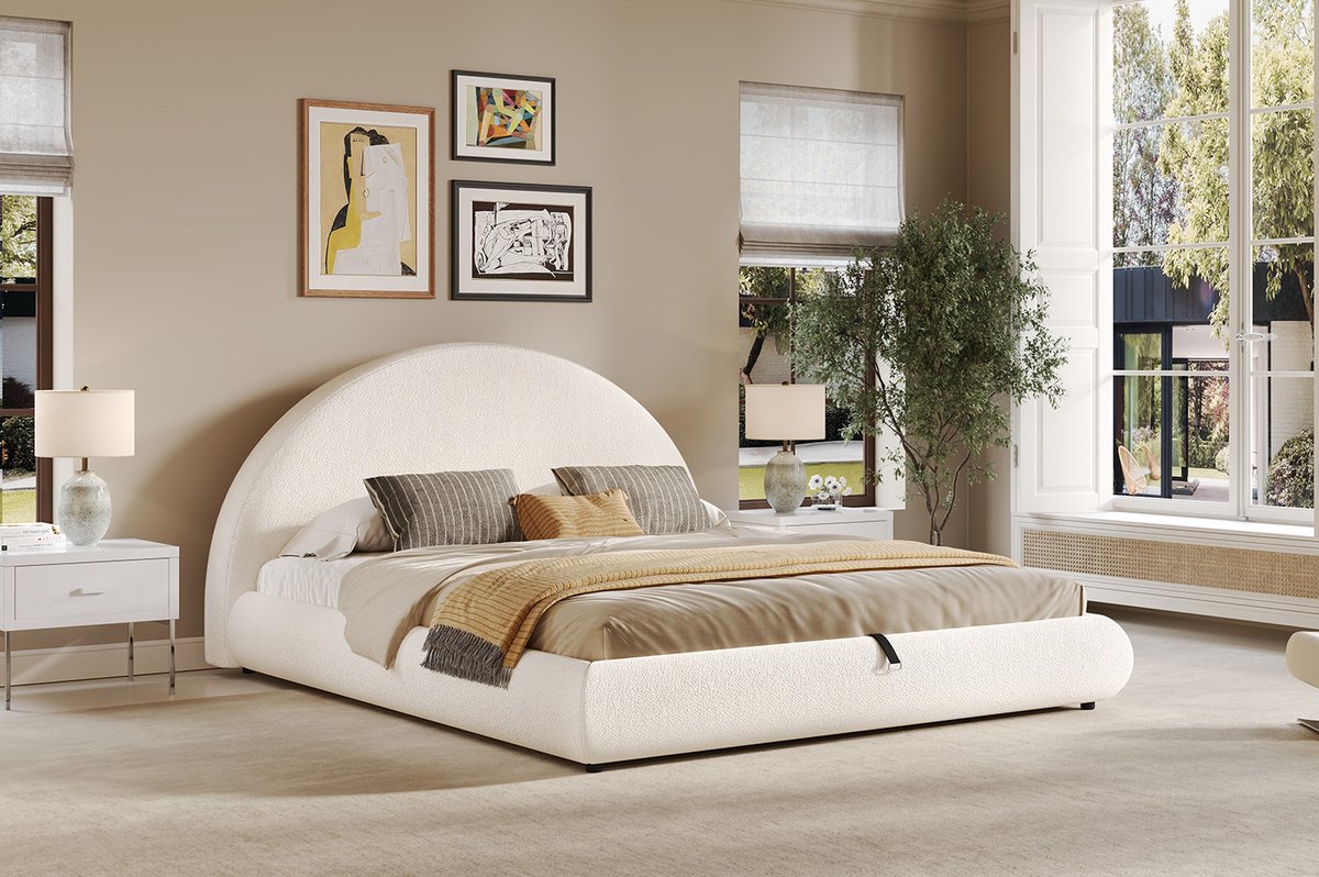 MEUNIQ tweepersoons opbergbed 180x200 cm met hydraulische heffunctie, lattenbodem, gestoffeerd hoofdbord en bedframe voor slaapkamer in wit bouclé