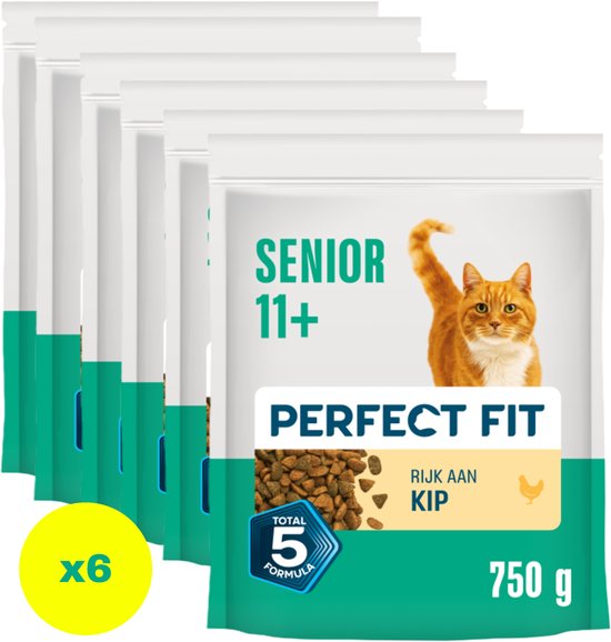 Pakken Perfect Fit Senior 11+ kattenvoer, met op de voorgrond een rode kat en de tekst 'RIJK AAN KIP'.
