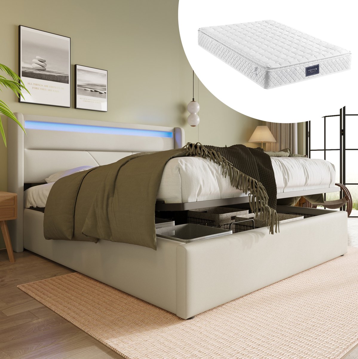 MEUNIQ hydraulisch opbergbed 160x200 cm met LED-hoofdbord, lattenbodem en bedkast, gestoffeerd tweepersoons bedframe voor slaapkamer, wit