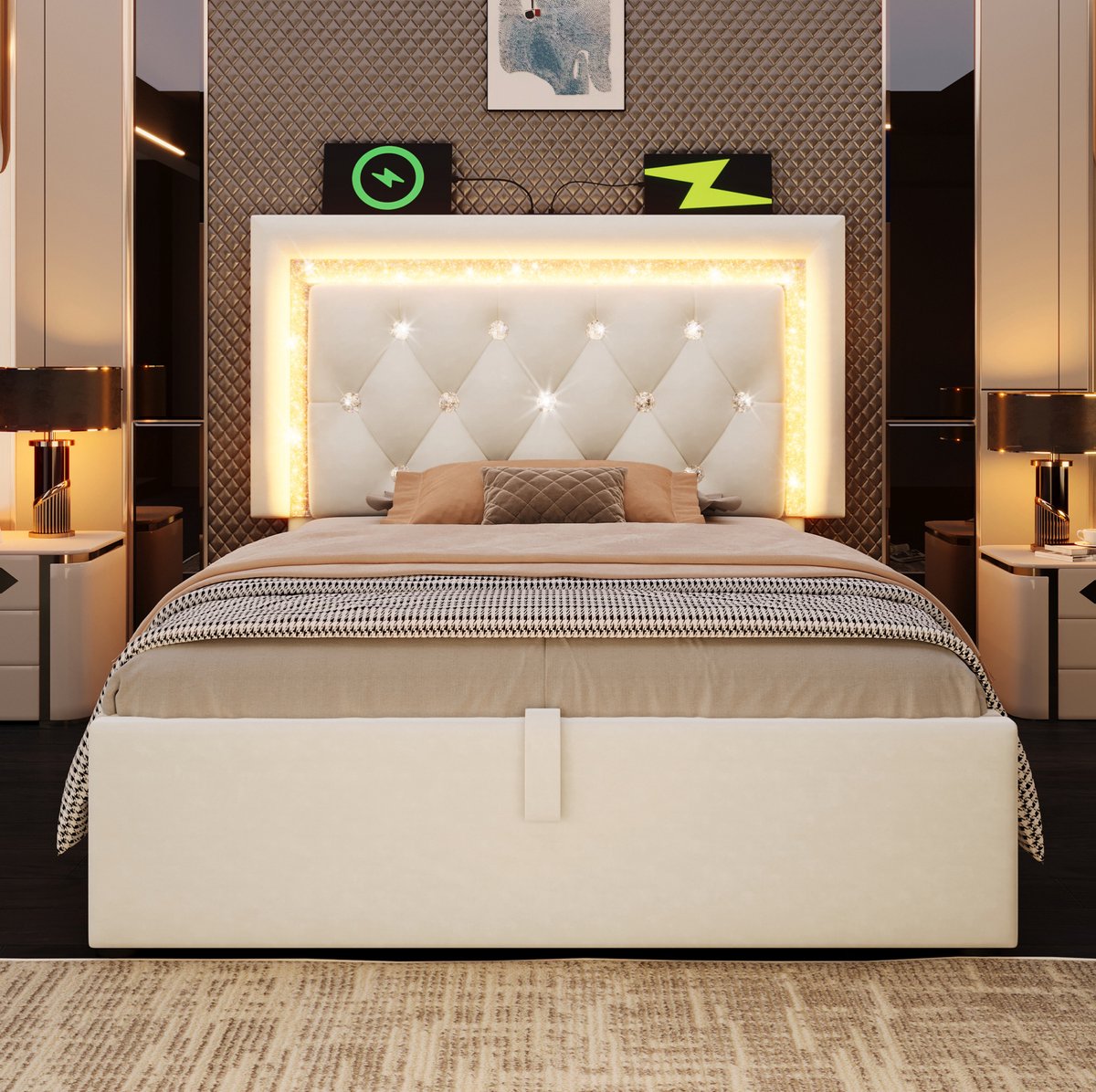 MEUNIQ eenpersoons bed 90x200 cm met LED hoofdbord, USB en Type-C, hydraulische opbergruimte, lattenbodem en velvet bekleding voor slaapkamer, beige