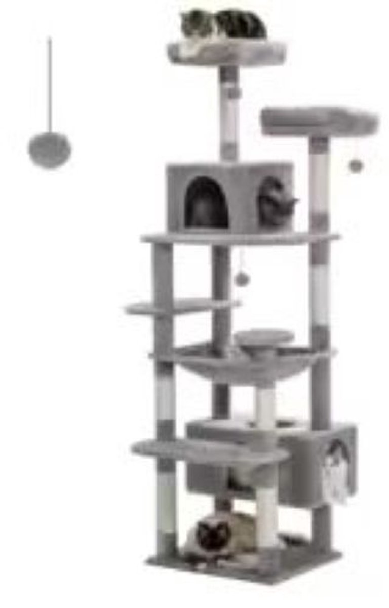QUESTYR - Katten Klimtoren - Sisal Krabpalen - 136 CM - Stevig Houten Wandmodel met Meerdere Verdiepingen - Grijs - Hangmat & Nest
