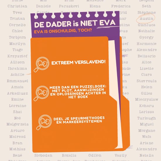 Boekkaft met de titel 'DE DADER IS NIET EVA' en vergrootglazen.