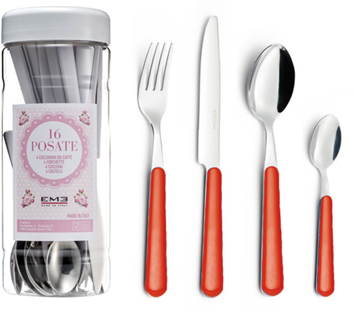 EME Brio Bestekset voor 4 personen, 16-delig, Roestvrij staal met gekleurd handvat, Red 11, Tube Box