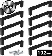 Tien zwarte, vierkante meubelgrepen van RVS, met een boormaat van 192mm. Vier schroeven liggen vooraan.