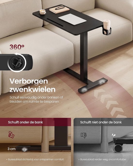 Verrijdbare Tafel - Bijzettafel Bureau - Flexibel Werken - In Hoogte Verstelbaar - 70 x 40 cm - Zwart — afbeelding 3