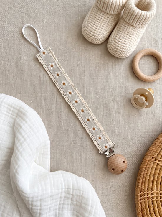Fopspeenhouder Baby Grijs - Speenkoord Katoen met Madeliefjes - Houten Clip - Speenketting - Kraamcadeau Jongen en Meisje - Babyshower Cadeau - Luxe Speenkoord voor Pasgeboren Baby - Neutraal Babycadeau - Handig Speenkoordje voor Fopspeen - Cadeautip — afbeelding 4