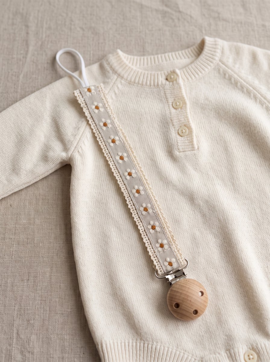 Fopspeenhouder Baby Grijs | Speenkoord Katoen met Madeliefjes | Houten Clip | Speenketting | Kraamcadeau Jongen en Meisje | Babyshower Cadeau | Luxe Speenkoord voor Pasgeboren Baby | Neutraal Babycadeau | Handig Speenkoordje voor Fopspeen | Cadeautip – foto 2