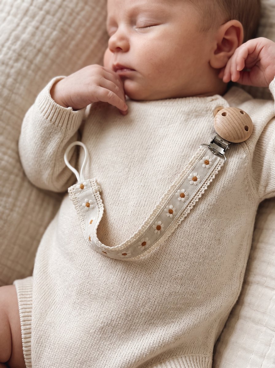 Fopspeenhouder Baby Grijs | Speenkoord Katoen met Madeliefjes | Houten Clip | Speenketting | Kraamcadeau Jongen en Meisje | Babyshower Cadeau | Luxe Speenkoord voor Pasgeboren Baby | Neutraal Babycadeau | Handig Speenkoordje voor Fopspeen | Cadeautip – foto 3
