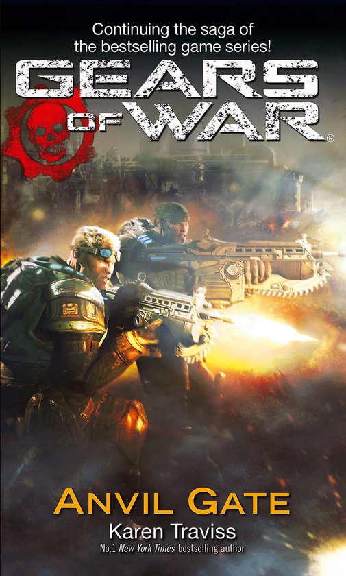 Boekomslag van Gears of War: Anvil Gate, met drie soldaten die wapens afvuren in een rookachtige omgeving.